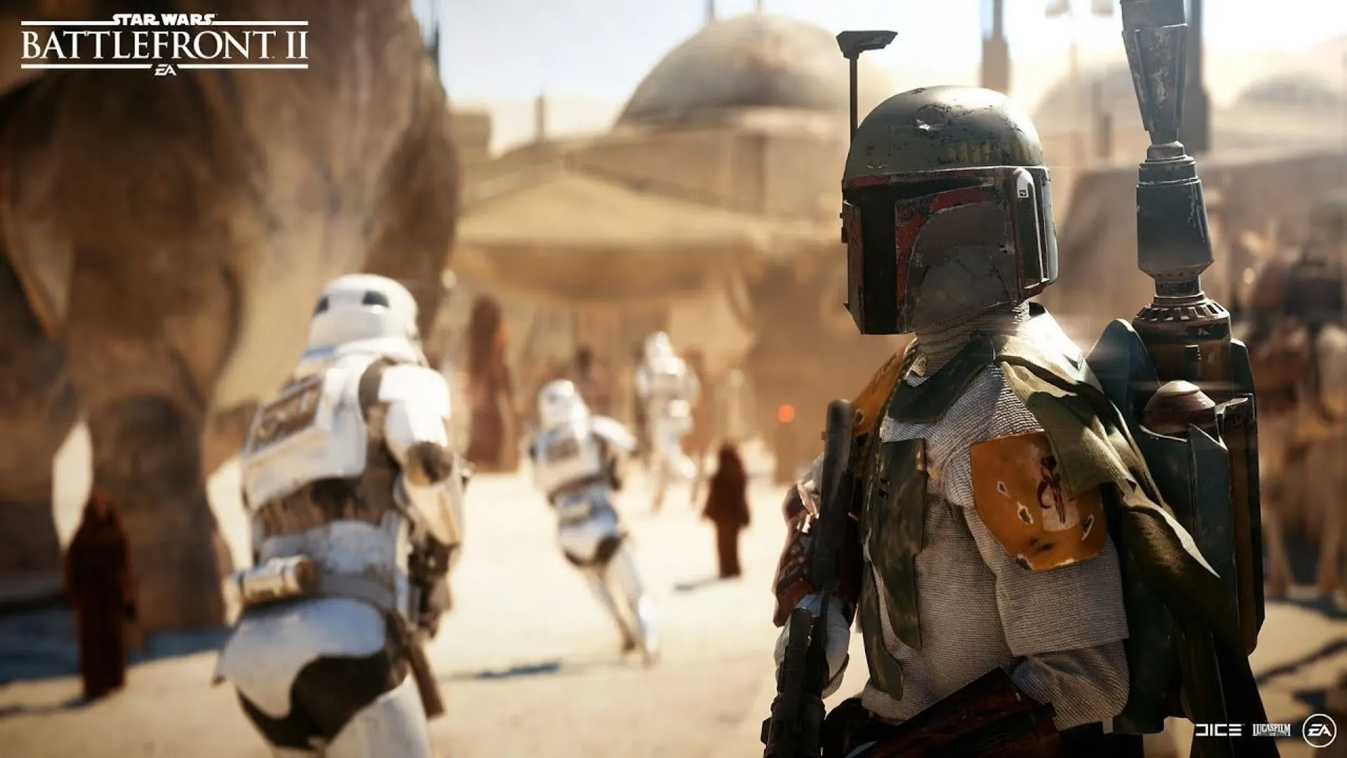 Thợ săn tiền thưởng Boba Fett uy dũng trong Star Wars Battlefront II, một trong những nhân vật huyền thoại mà người chơi có thể điều khiển.