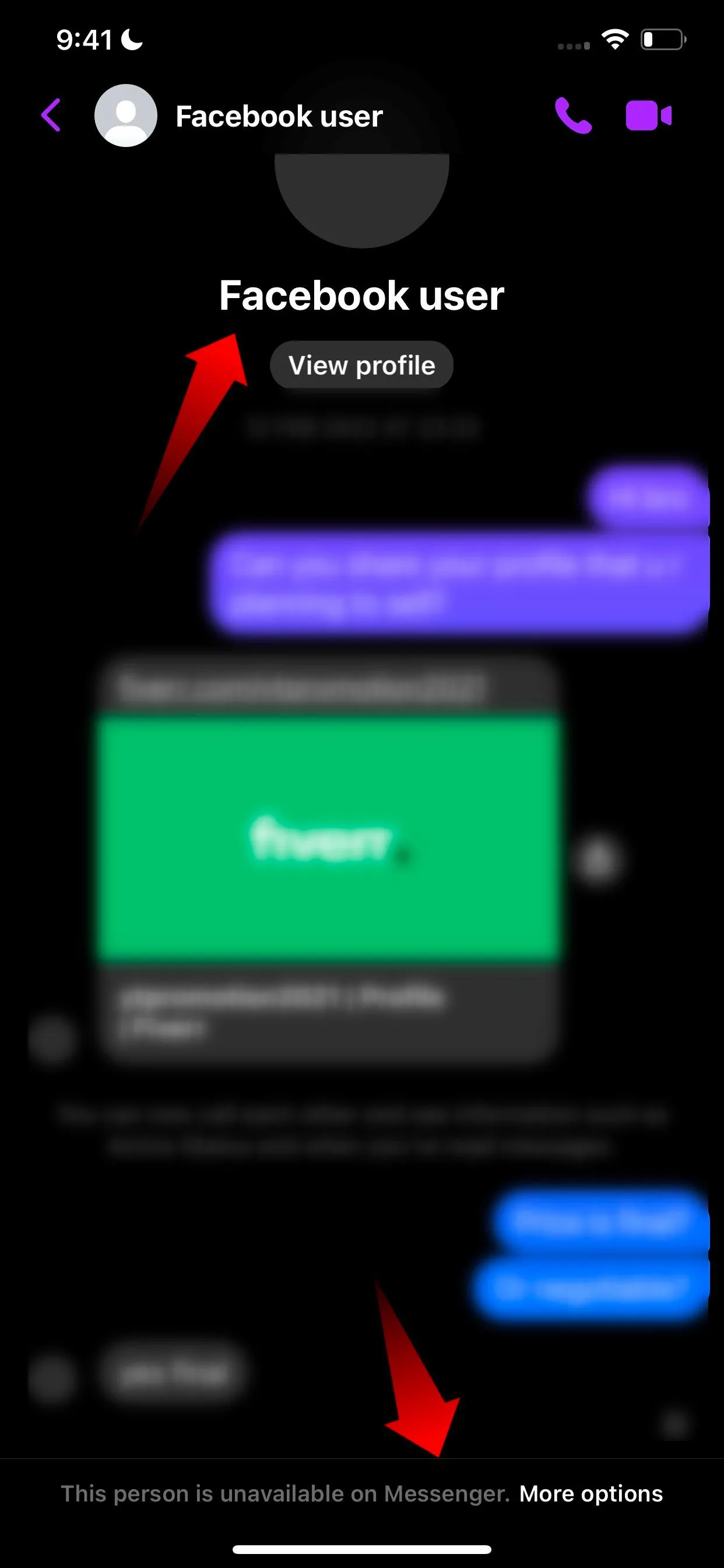 Thông báo lỗi 'Người này không khả dụng trên Messenger' hiển thị trong cuộc trò chuyện Facebook Messenger.