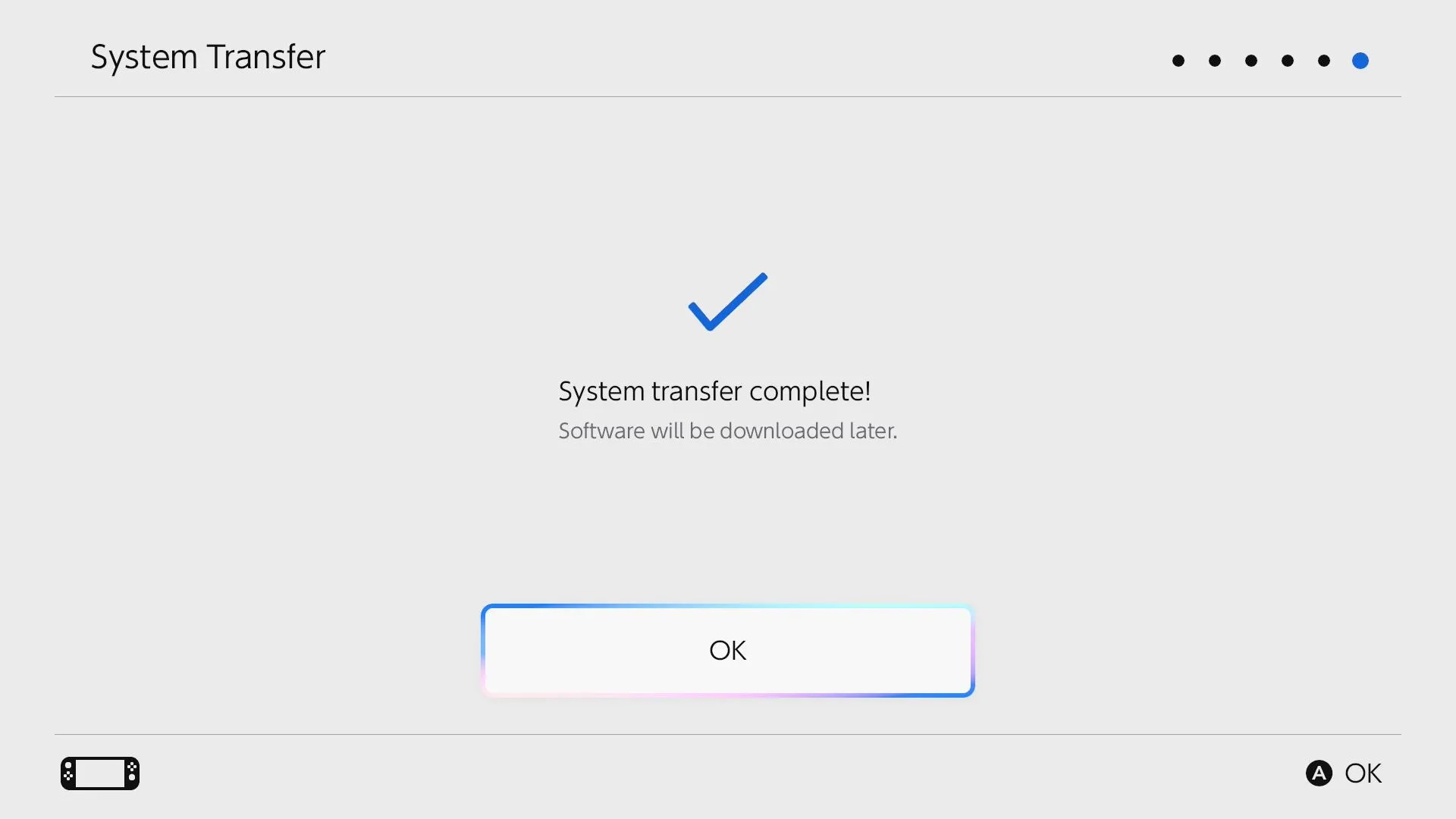 Thông báo &quot;System Transfer Complete&quot; trên màn hình Nintendo Switch 2, xác nhận quá trình chuyển dữ liệu đã hoàn tất.