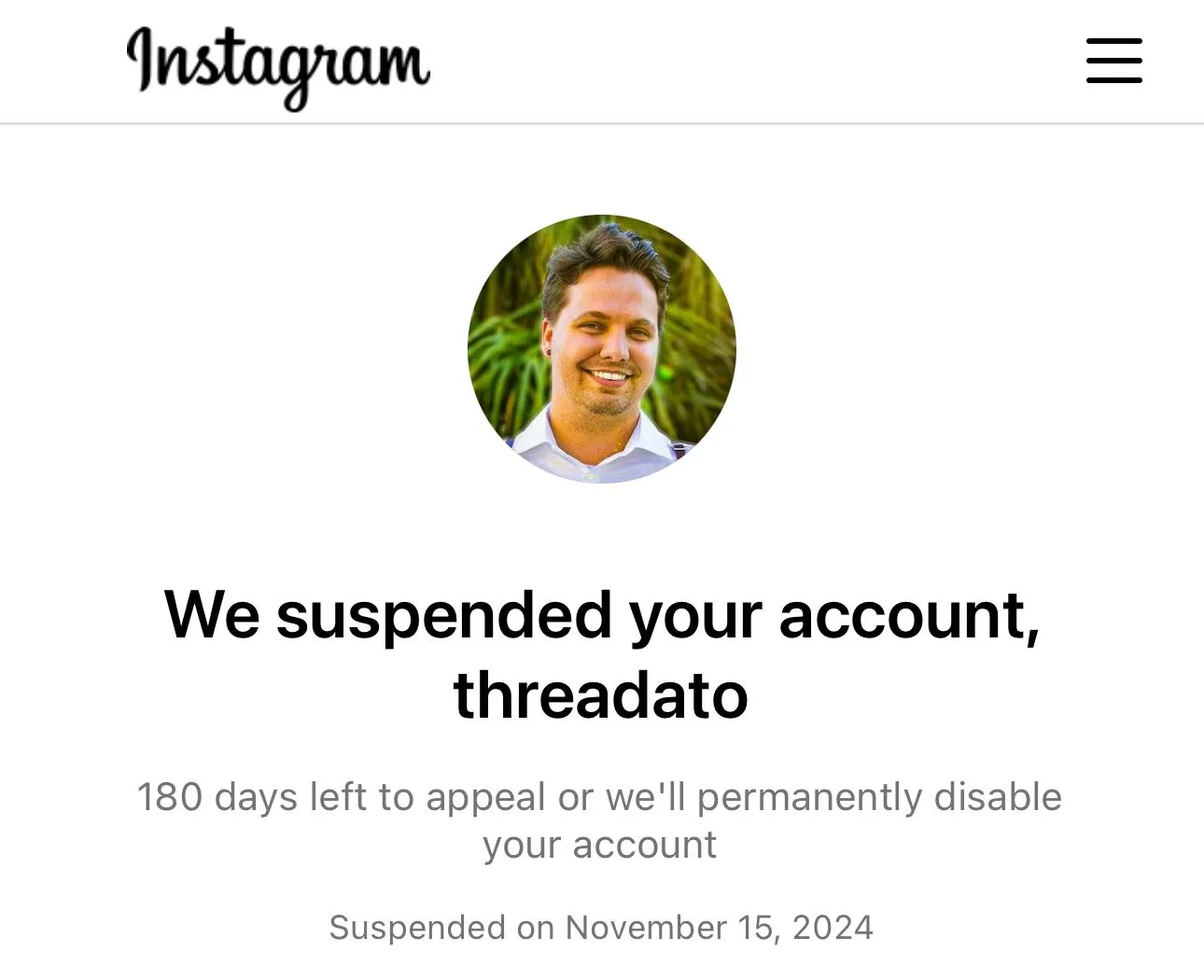 Thông báo tài khoản bị đình chỉ trên Threads/Instagram, minh họa một trong những vấn đề về kiểm duyệt nội dung.
