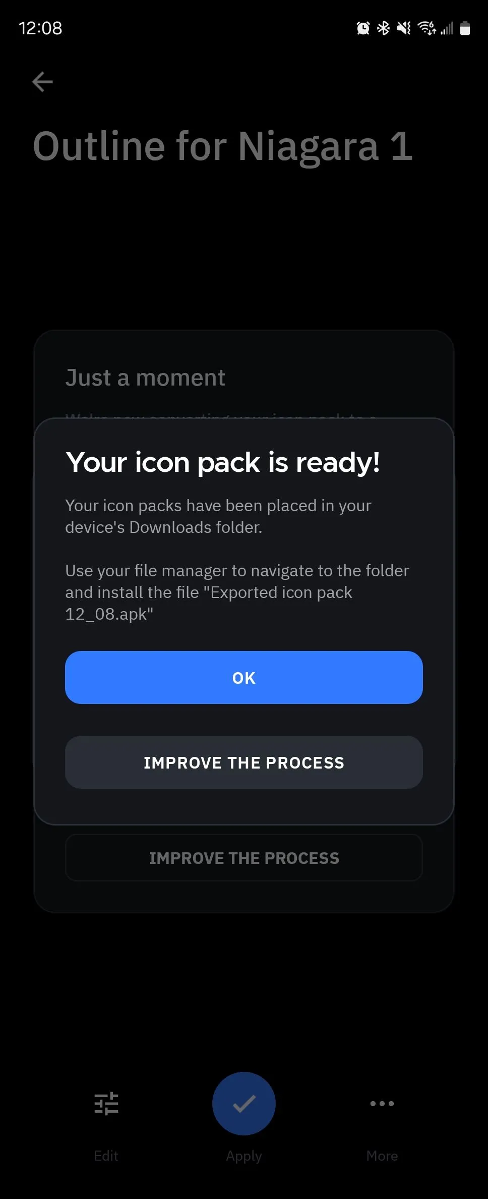 Thông báo xác nhận gói icon đã được tạo và sẵn sàng để áp dụng trên trình khởi chạy Android.