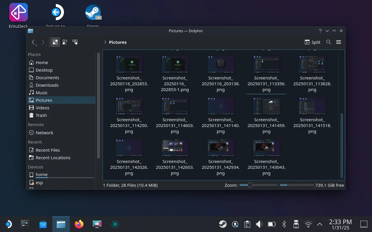 Thư mục Pictures trong Dolphin File Explorer hiển thị các ảnh chụp màn hình trên SteamOS