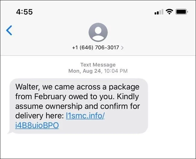 Tin nhắn lừa đảo qua SMS giả mạo thông báo giao gói hàng, có kèm tên người nhận.