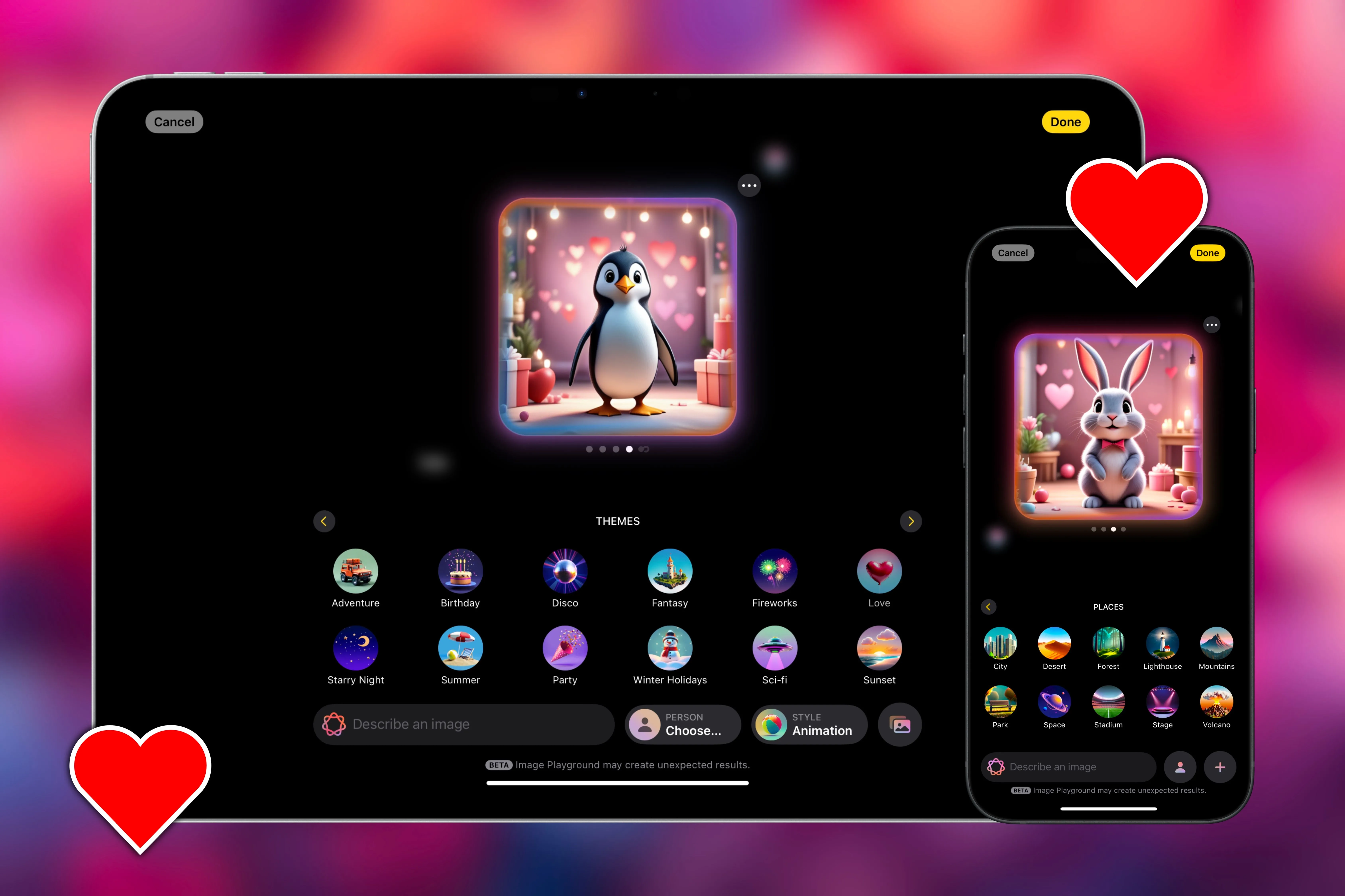 Tính năng Image Playground trên iPhone và iPad hiển thị hình ảnh động vật với trái tim, gợi ý cách tạo hình ảnh độc đáo cho tin nhắn lãng mạn.