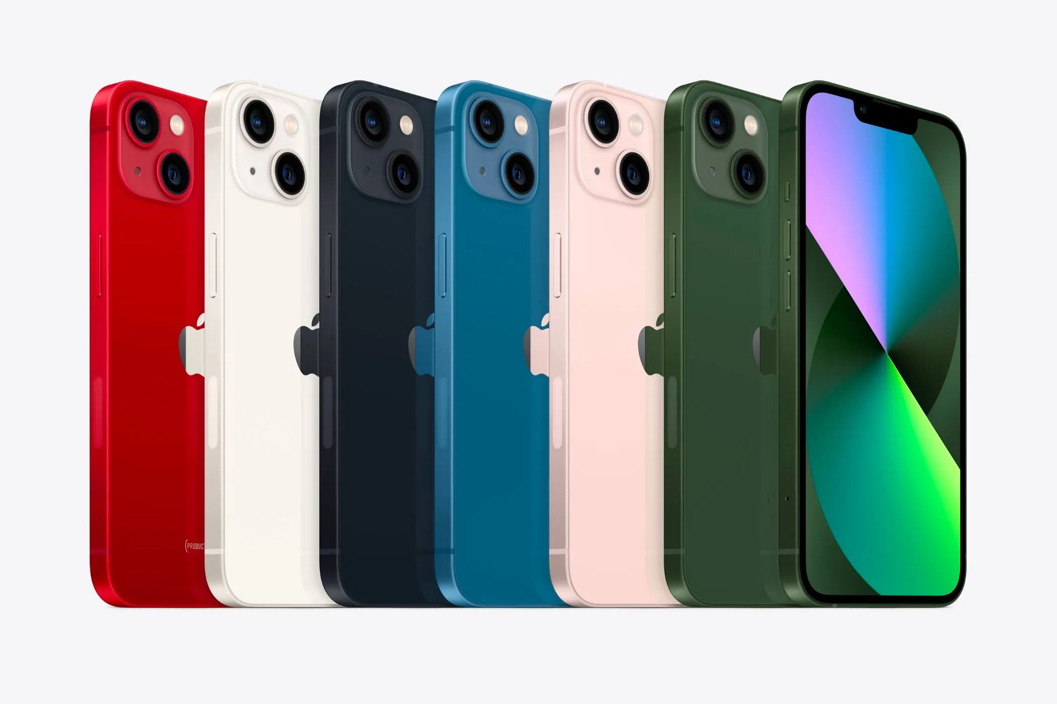 Toàn bộ 6 tùy chọn màu sắc của iPhone 13, bao gồm sắc xanh lá cây đậm.