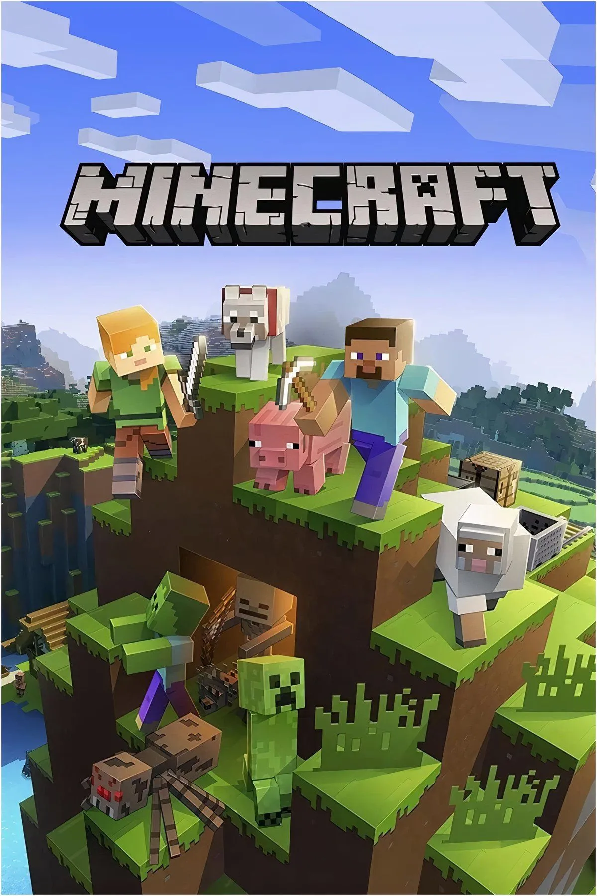 Tổng hợp nhiều ảnh screenshot từ game Minecraft, thể hiện đồ họa khối lập phương đặc trưng.
