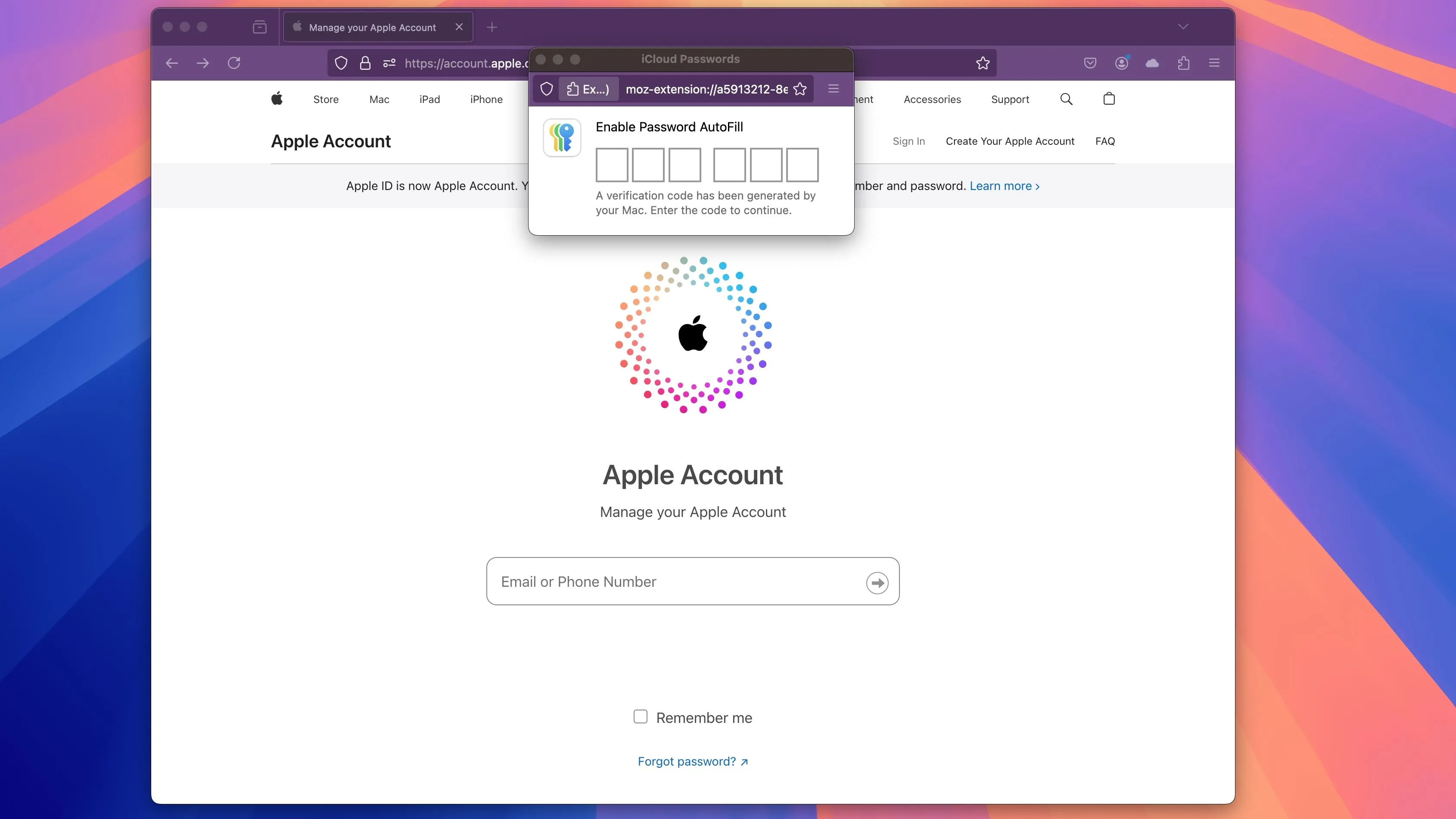 Trang đăng nhập tài khoản Apple trong Firefox, hiển thị yêu cầu mã xác minh từ tiện ích iCloud Passwords để cấp quyền truy cập.