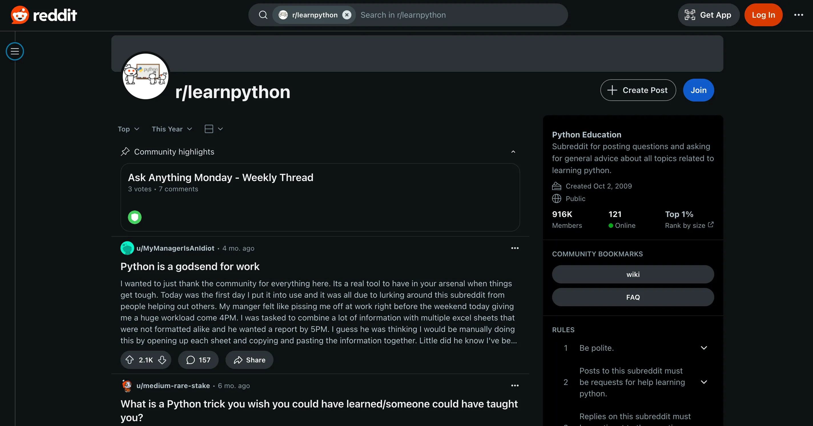 Trang subreddit LearnPython trên Reddit, nơi cộng đồng lập trình viên hỗ trợ học Python