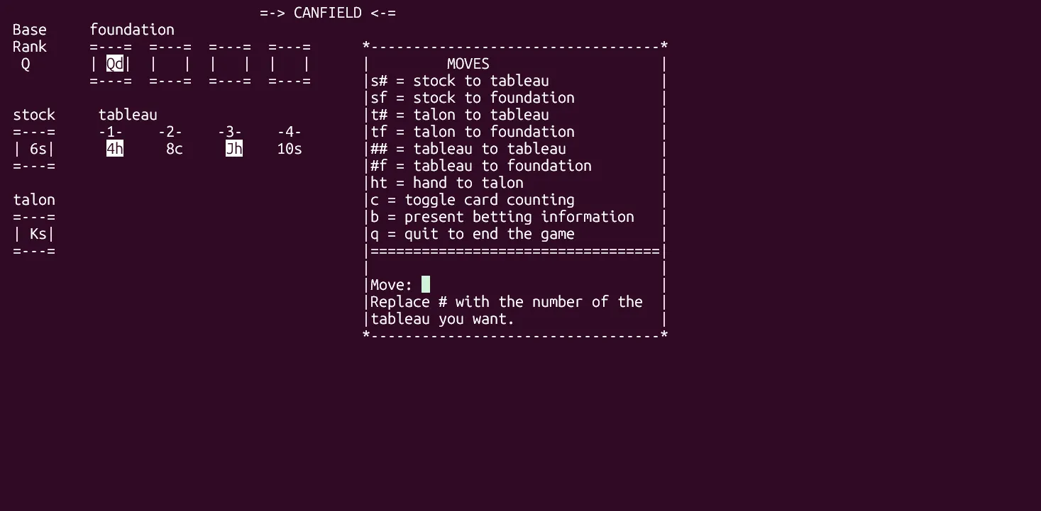 Trạng thái chơi game bài Solitaire Canfield trên terminal Linux.