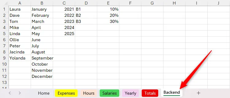 Trang tính backend trong Excel chứa các danh sách và giá trị cố định được sử dụng cho các tính toán và quy tắc khác.