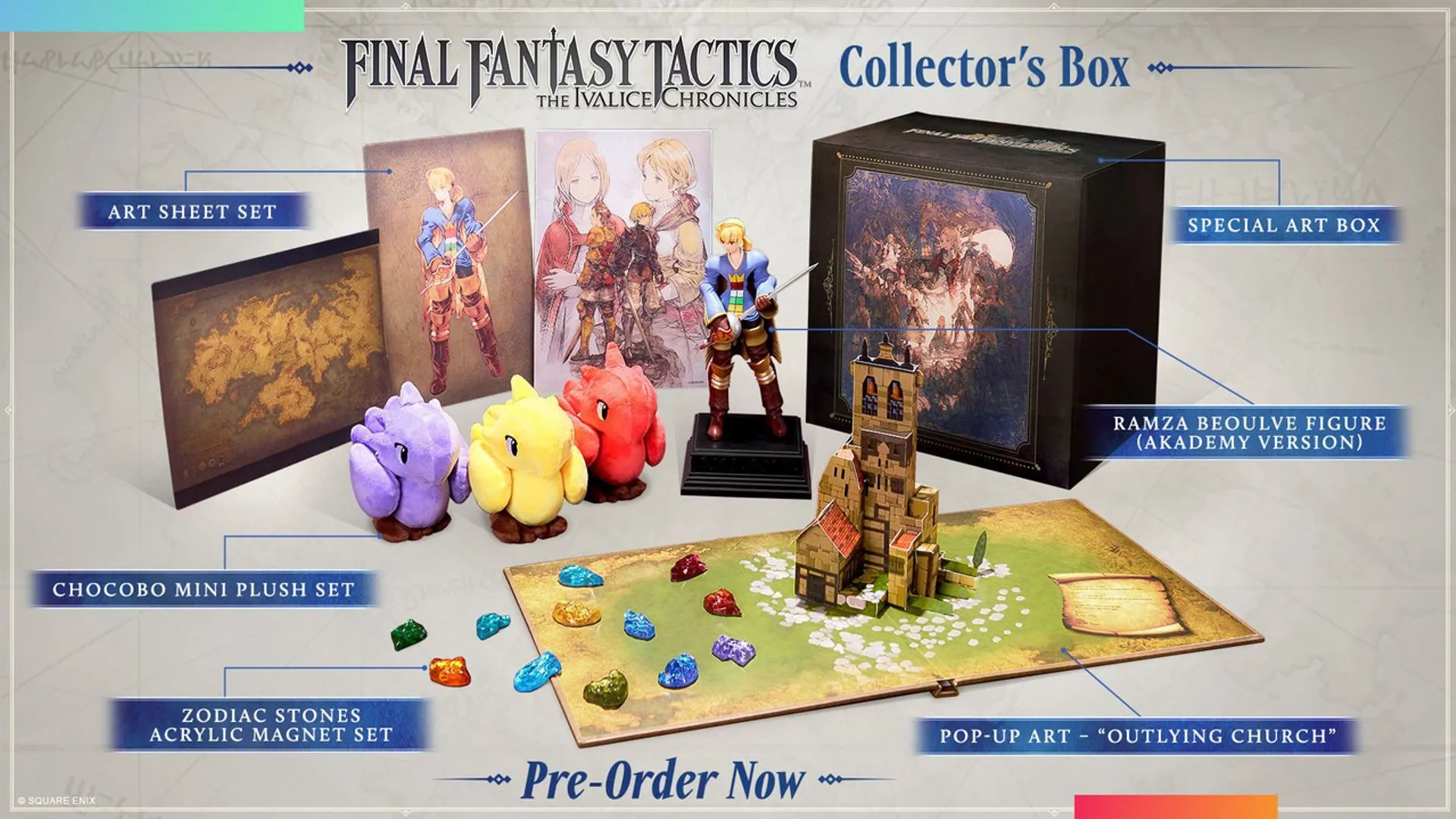 Trọn bộ Collector's Box của Final Fantasy Tactics: The Ivalice Chronicles, bao gồm figurine Ramza, thú nhồi bông Chocobo và art pop-up, thể hiện chi tiết các vật phẩm sưu tầm độc đáo.
