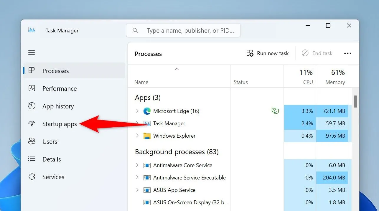 Truy cập phần ứng dụng khởi động trong Task Manager