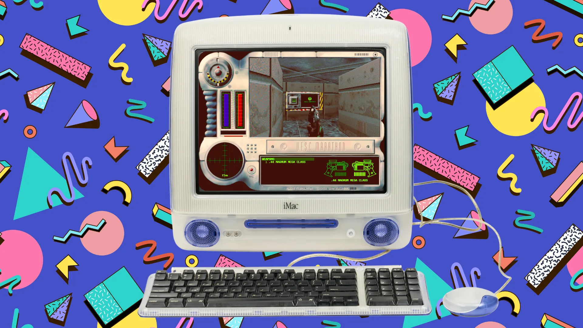 Tựa game Marathon đang chạy trên một chiếc iMac G3, biểu tượng của lịch sử gaming trên Mac.