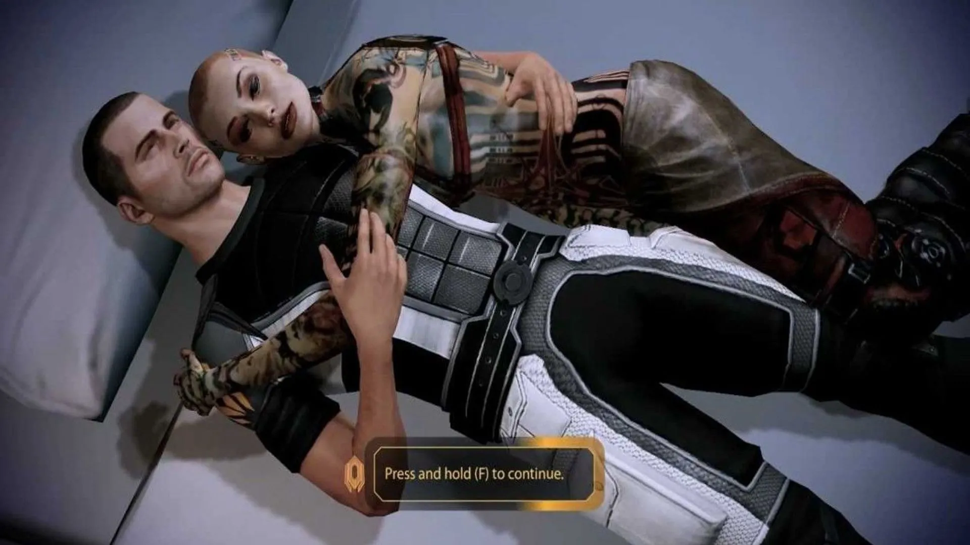 Tướng Shepard nam và Jack đang tình tứ trong Mass Effect 2, thể hiện chiều sâu nhân vật qua các mối quan hệ lãng mạn.