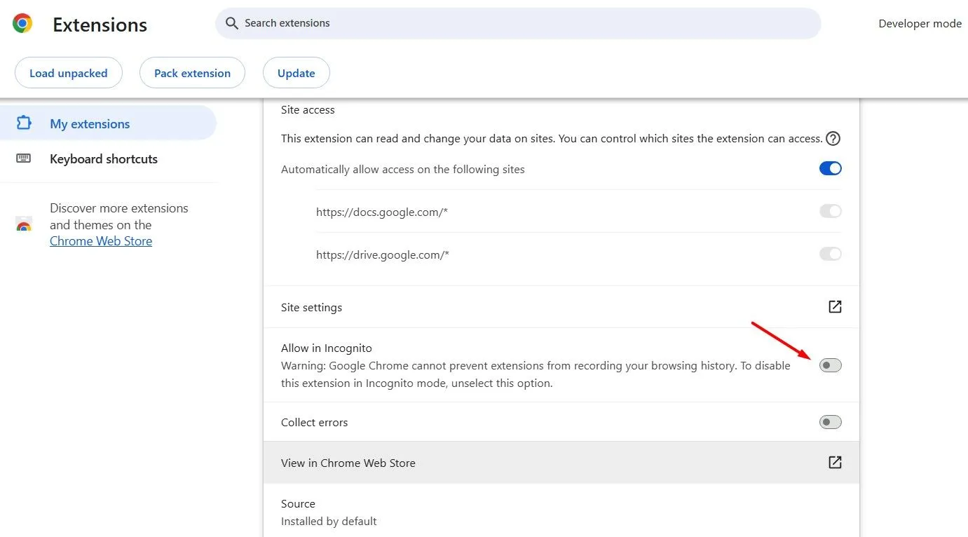 Tùy chọn 'Cho phép trong chế độ ẩn danh' (Allow in Incognito) cho tiện ích mở rộng trong Chrome