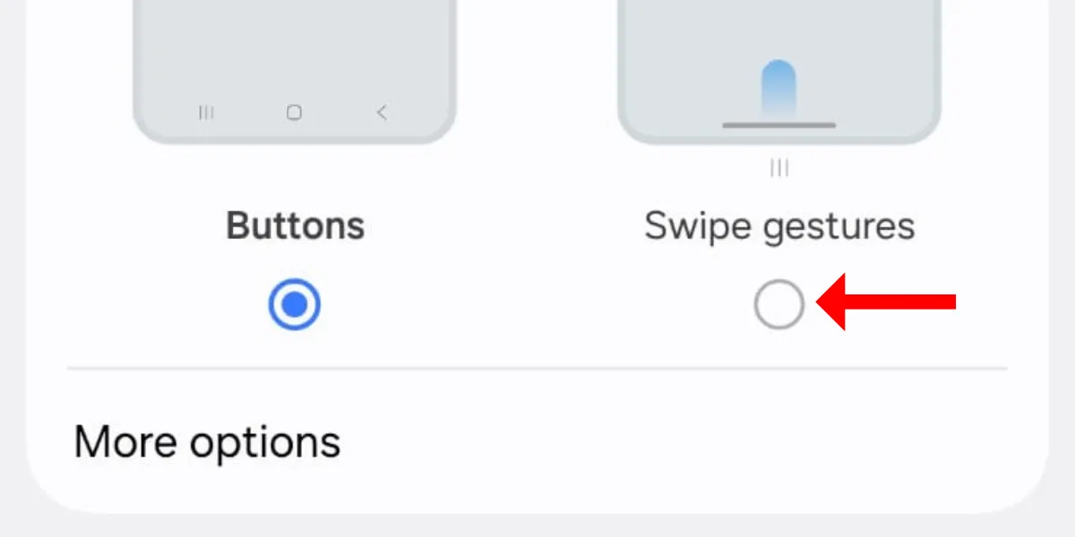 Tùy chọn điều hướng bằng cử chỉ vuốt (Swipe gestures) trong cài đặt hiển thị trên Galaxy S25