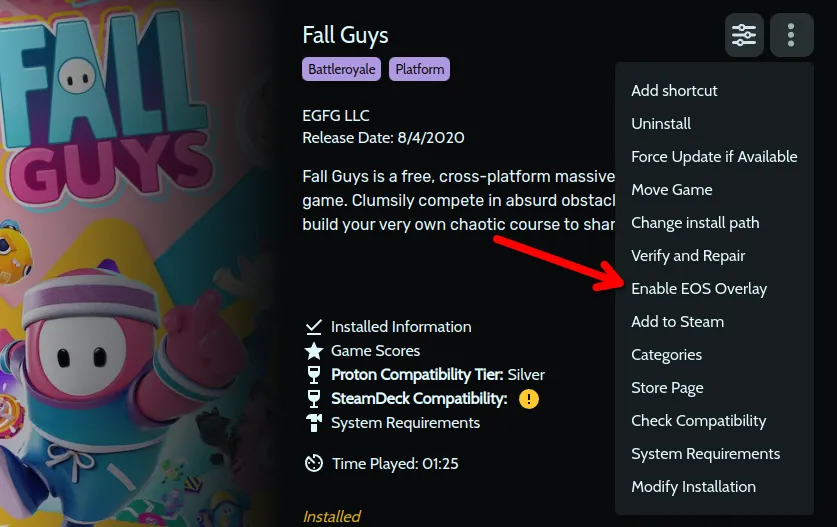 Tùy chọn &quot;Enable EOS Overlay&quot; trên trang khởi chạy Fall Guys trong Heroic Games Launcher, giúp kích hoạt lớp phủ dịch vụ Epic Online.
