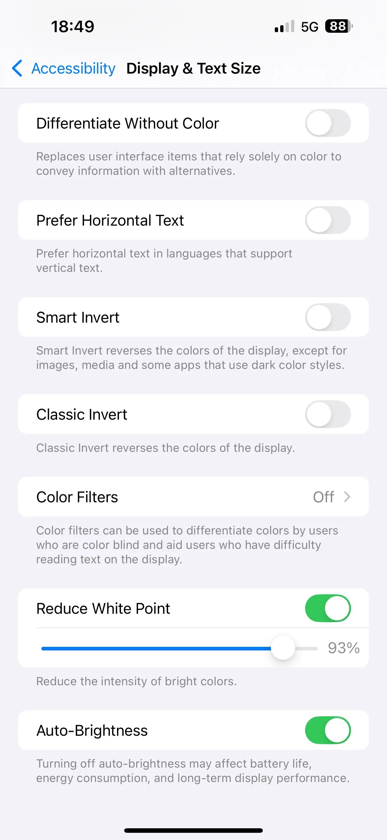 Tùy chọn &quot;Giảm Điểm Trắng&quot; (Reduce White Point) đã được bật trong Cài đặt iPhone.