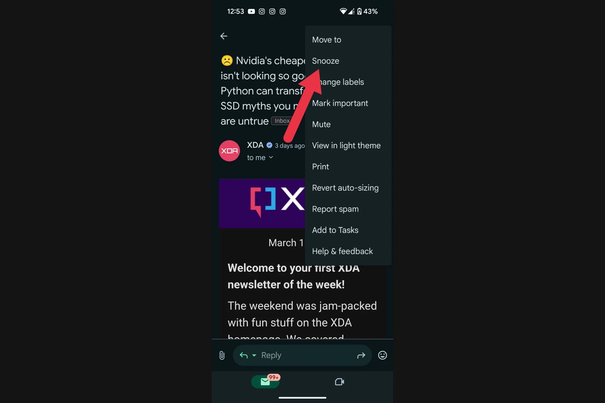 Tùy chọn Hoãn (Snooze) cho email trong ứng dụng Gmail trên Android
