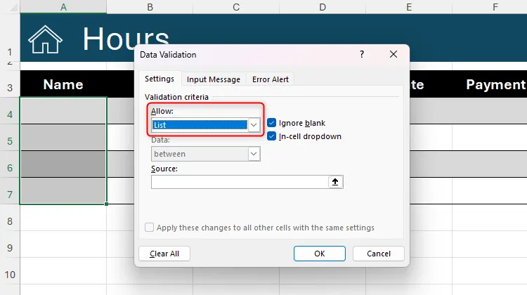 Tùy chọn &quot;List&quot; (Danh sách) được chọn trong trường Allow của hộp thoại Data Validation trong Excel, cho phép tạo danh sách thả xuống.