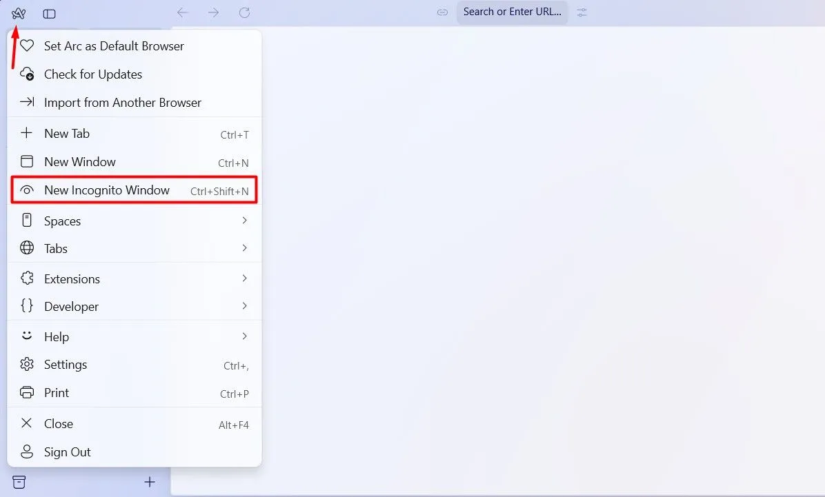 Tùy chọn mở chế độ ẩn danh mới (New Incognito Mode) trong trình duyệt Arc