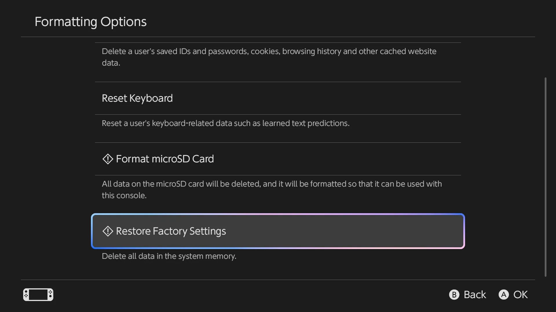 Tùy chọn &quot;Restore Factory Settings&quot; trong cài đặt hệ thống Nintendo Switch 2, giúp khôi phục máy về trạng thái ban đầu để chuyển dữ liệu.