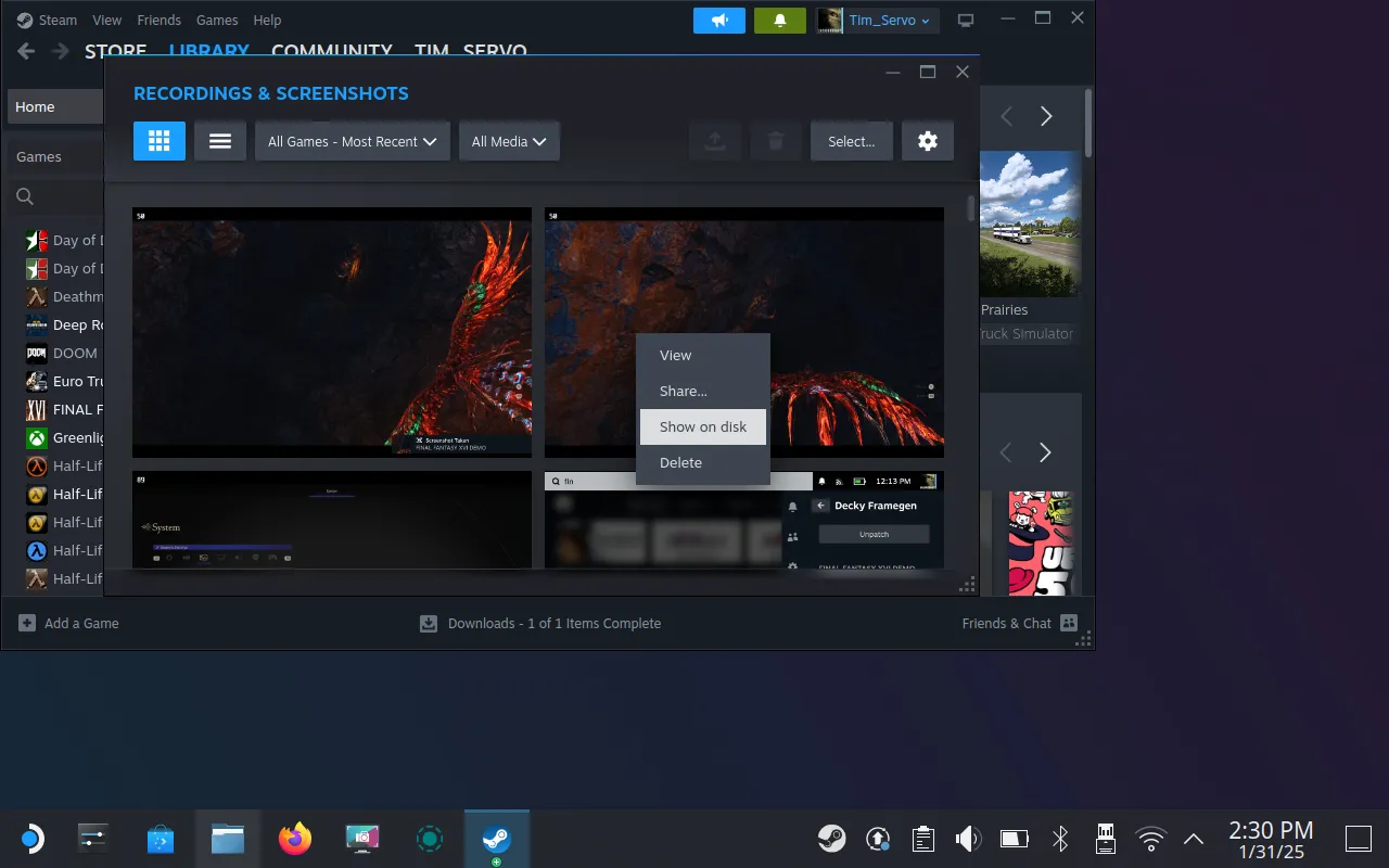 Tùy chọn &quot;Show on Disk&quot; trong Steam giúp định vị thư mục chứa ảnh màn hình trên SteamOS