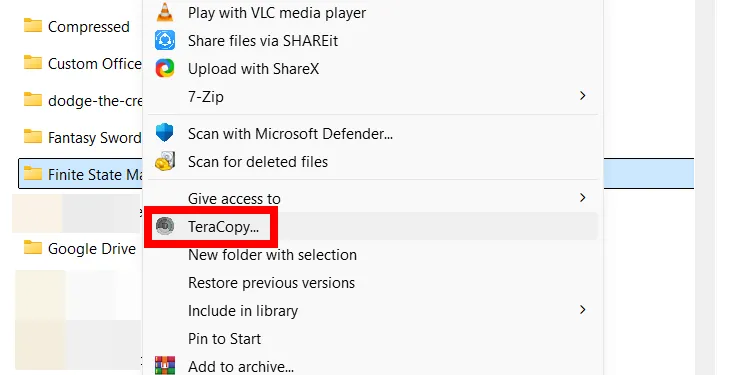 Tùy chọn TeraCopy hiển thị trong menu ngữ cảnh của File Explorer