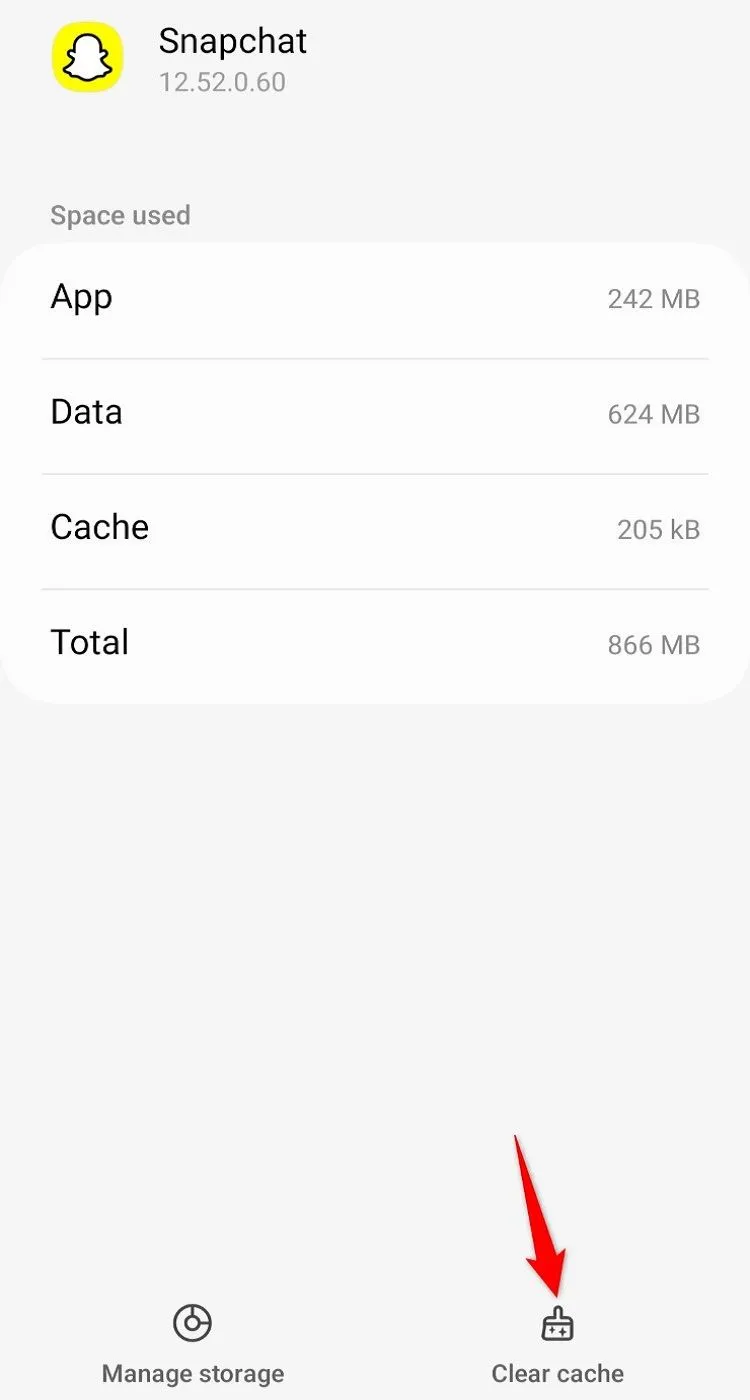 Tùy chọn xóa bộ nhớ đệm (cache) của Snapchat trong cài đặt lưu trữ ứng dụng trên Android