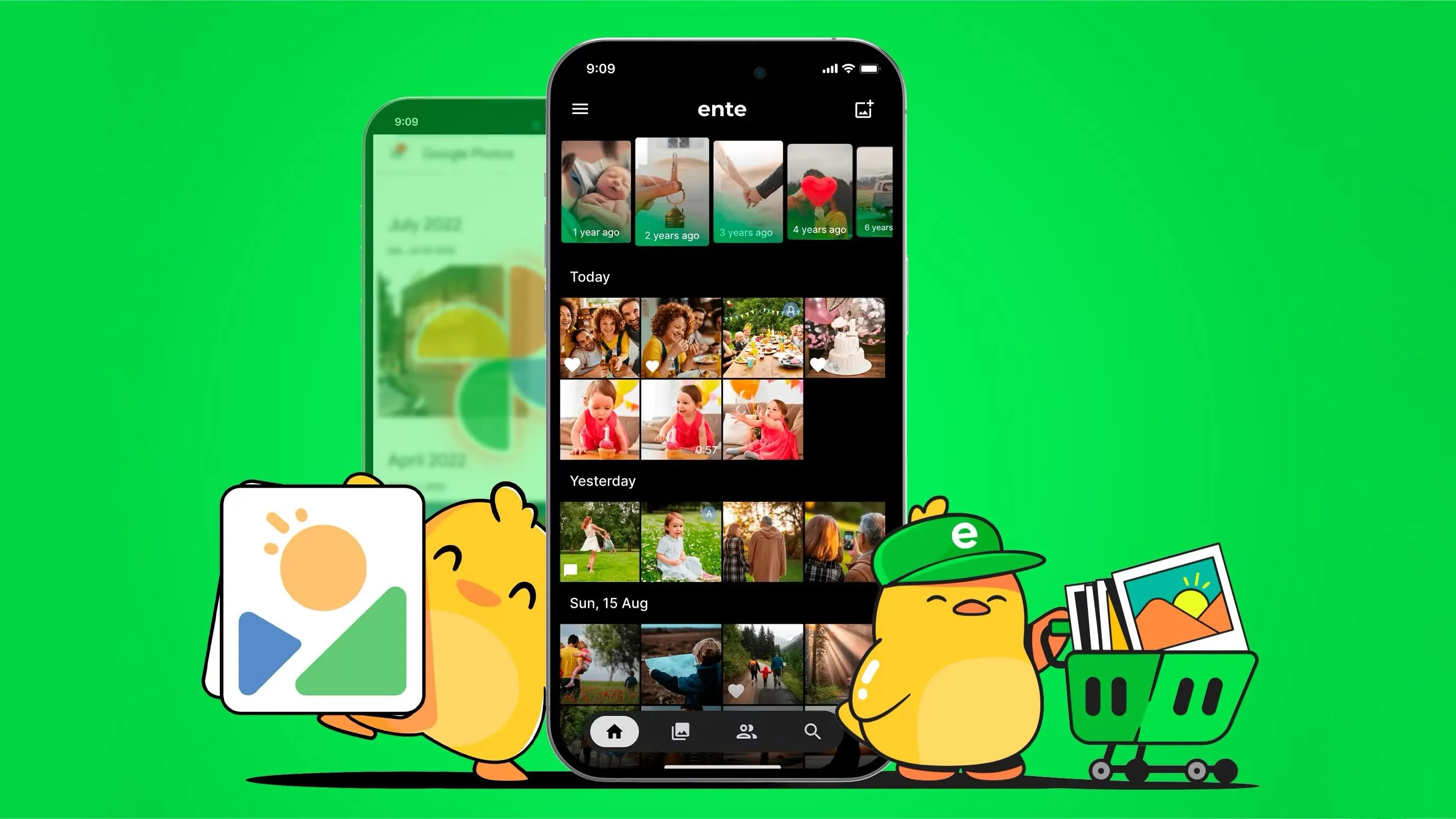 Ứng dụng Ente Photos trên màn hình điện thoại, bên cạnh linh vật của ứng dụng, thể hiện lựa chọn thay thế Google Photos tập trung vào quyền riêng tư.