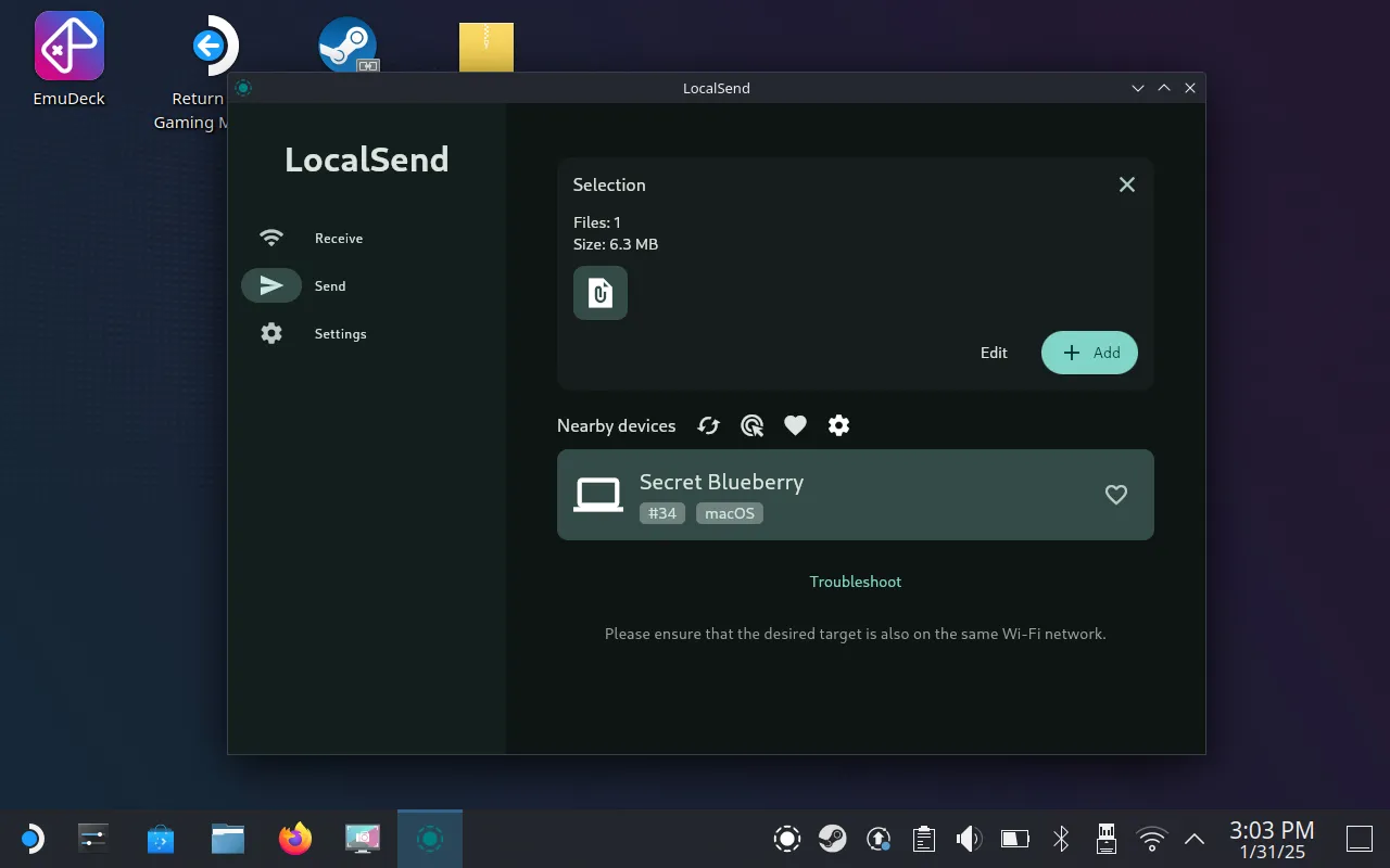 Ứng dụng LocalSend trên Steam Deck đang chuyển file ảnh màn hình không dây tới một máy Mac