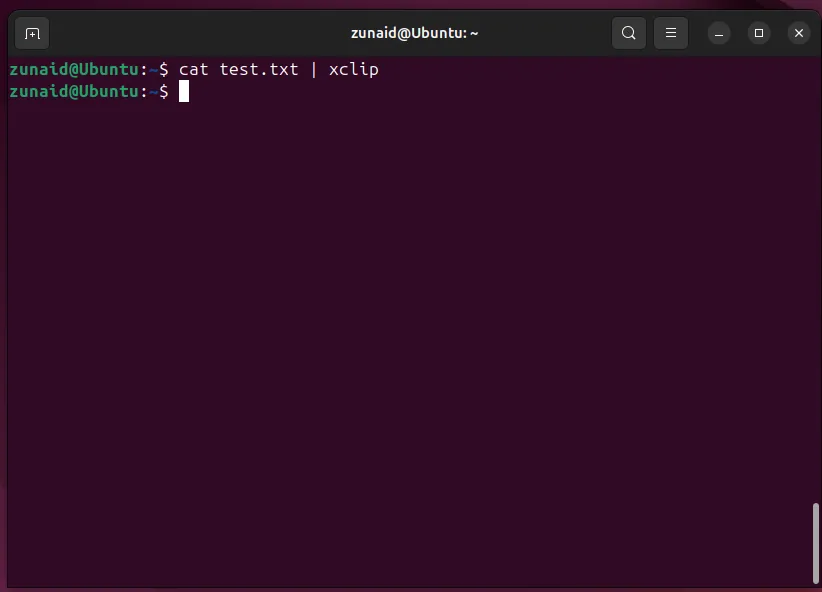 Ví dụ sử dụng lệnh cat test.txt | xclip để sao chép nội dung file test.txt vào clipboard hệ thống trên Linux.