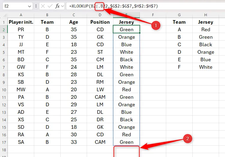Ví dụ sử dụng toán tử Trim Ref trong Excel để loại bỏ các hàng trống thừa ở cuối công thức XLOOKUP, giữ bảng tính gọn gàng.