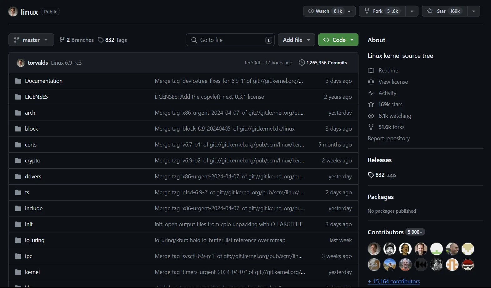 Ví dụ về kho lưu trữ GitHub của nhân Linux minh họa tính chất mã nguồn mở