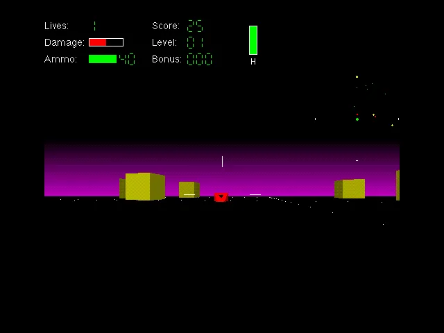 Xe tăng trong game Spectre trên Macintosh với giao diện 3D wireframe và tông màu xanh neon đặc trưng của không gian mạng, thể hiện đồ họa tiên phong của thập niên 90.