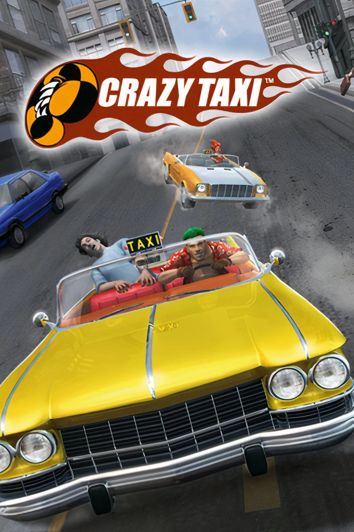 Xe taxi vàng nổi bật trong game Crazy Taxi với đồ họa độc đáo